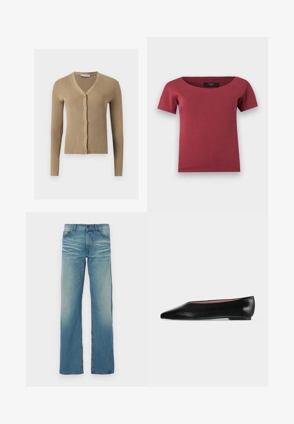 Beige ribstrikket cardigan med V-hals, lange ærmer og fem knapper foran.; Korte ærmer, mørk rosenrød dametop med bred rund hals og tætsiddende pasform, lagt fladt på en hvid baggrund.; Lyseblå denimjeans med lige ben, blegning, fem lommer og knaplukning. Synlig syning som accent.; Sort damesko i læder med flad hæl og spids tå, vist fra siden på en ensfarvet lys grå baggrund.