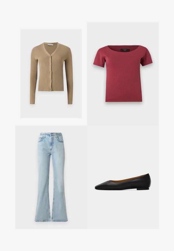 Beige ribstrikket cardigan med V-hals, lange ærmer og fem knapper foran.; Korte ærmer, mørk rosenrød dametop med bred rund hals og tætsiddende pasform, lagt fladt på en hvid baggrund.; Lys blå denim flare jeans med høj talje, der har forlommer, knaplukning og en let slidt tekstur.; Sort læder flad sko med spids tå, lav hæl og glat finish, vist fra siden på en lysegrå baggrund.