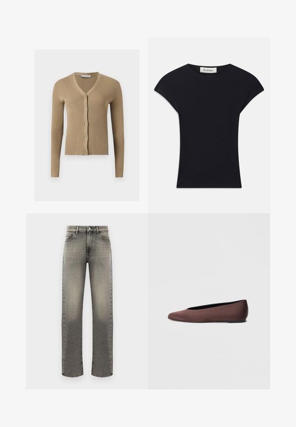 Beige Rippenstrick-Cardigan mit V-Ausschnitt, langen Ärmeln und fünf vorderen Knöpfen.; Schwarzes Kurzarmoberteil aus weichem Stoff, mit einem runden Ausschnitt und einer figurbetonten Form, die subtile Schulterakzente setzt. Etikett sichtbar.; Graue Jeans aus Denim mit geradem Bein, die ein verblasstes Muster, fünf Taschen und eine Steppnaht entlang der Nähte und des Bundes aufweisen.; Braune Ballettschuhe aus Stoff mit spitz zulaufender Spitze und glatter Textur, ausgestattet mit einem niedrigen Rückenteil und einer dünnen schwarzen Sohle. Keine sichtbaren Muster oder Verzierungen.