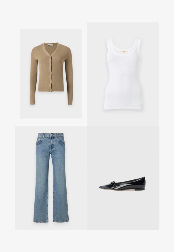 Beige ribstrikket cardigan med V-hals, lange ærmer og fem knapper foran.; Hvid ribstrikket ærmeløs tanktop med rund halsudskæring, vist fladt mod en lys baggrund.; Lyseblå, flagrende jeans i denimstof med en talje med knaplukning, fem lommer og et klassisk syet design.; Sorte patentlæder flade sko med spids tå, lille dekorativ rem og lav blokhæl. Glat tekstur og strømlinet design.