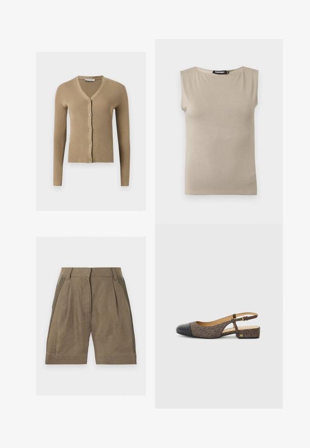 Beige geribbelde gebreide cardigan met V-hals, lange mouwen en vijf knopen aan de voorkant.; Beige mouwloze katoenen top met brede schouderbanden en ronde halslijn, maat medium, plat gelegd op een witte achtergrond.; Bruine shorts met hoge taille, riemlussen, plooi en gevlochten details langs de zijnaden.; Slingback schoen met een bruine gestreepte stoffen bovenkant en een zwarte leren neus. Heeft een kleine blokhak en een gespstrap.