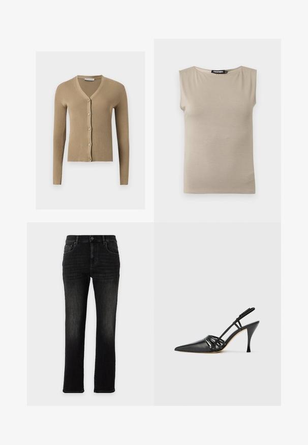 Beige ribstrikket cardigan med V-hals, lange ærmer og fem knapper foran.; Beige ærmeløs bomuldstop med brede skulderstropper og rund halsudskæring, størrelse medium, lagt fladt mod hvid baggrund.; Sorte jeans med lige ben, klassisk fem-lomme-design og knaplukning på en ensfarvet baggrund.; Sort læder højhælede slingback-sko med spids tå, crisscross-remdesign og slank stiletto-hæl. Glat tekstur og minimale accenter.