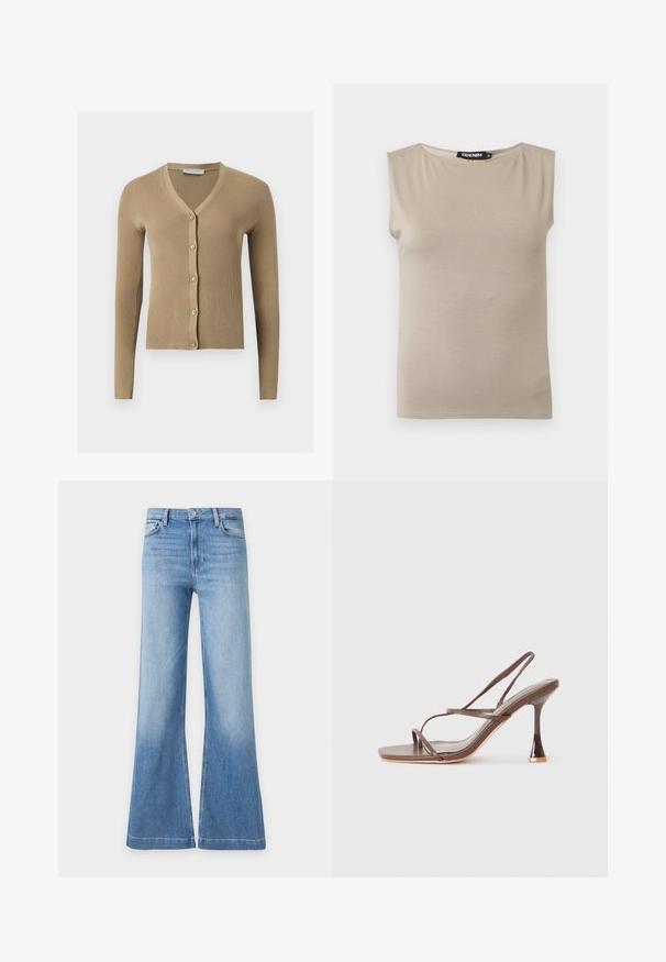 Beige ribstrikket cardigan med V-hals, lange ærmer og fem knapper foran.; Beige ærmeløs bomuldstop med brede skulderstropper og rund halsudskæring, størrelse medium, lagt fladt mod hvid baggrund.; Lysblå denimjeans med høj talje, frontknap, falmede lår og brede, udsvungne ben, vist mod en ensfarvet hvid baggrund.; Brune stroppede højhælede sandaler med firkantet tå, slanke remme, en blank finish og en distinkt buet hæl.