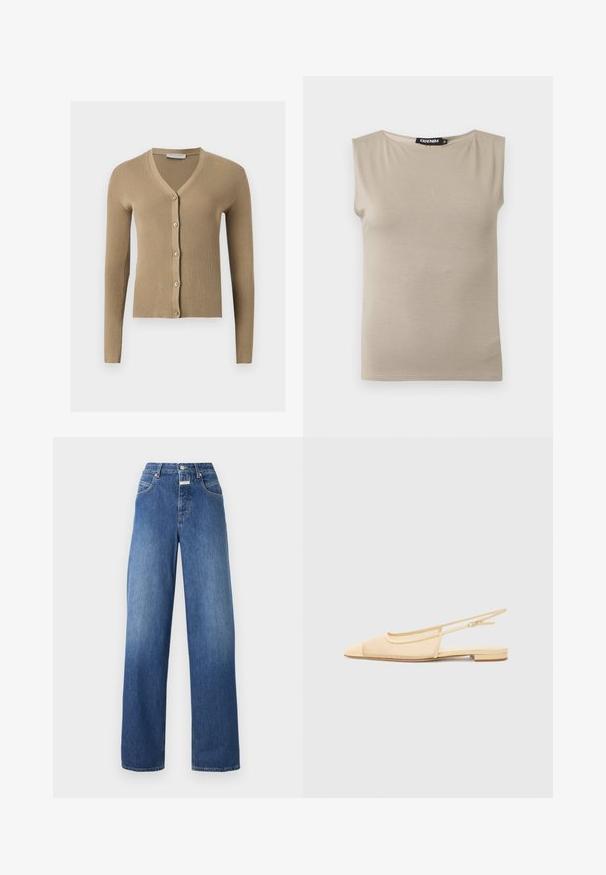 Beige geribbelde gebreide cardigan met V-hals, lange mouwen en vijf knopen aan de voorkant.; Beige mouwloze katoenen top met brede schouderbanden en ronde halslijn, maat medium, plat gelegd op een witte achtergrond.; Blauwe spijkerbroek met wijde pijpen en hoge taille, voorzien van twee voorzakken, een knoopsluiting en een lichte kleurvervaging.; Slingback ballerina in lichtbeige met een mesh bovenwerk, spitse neus en een lage hak. Voorzien van een verstelbare band voor een goede pasvorm.