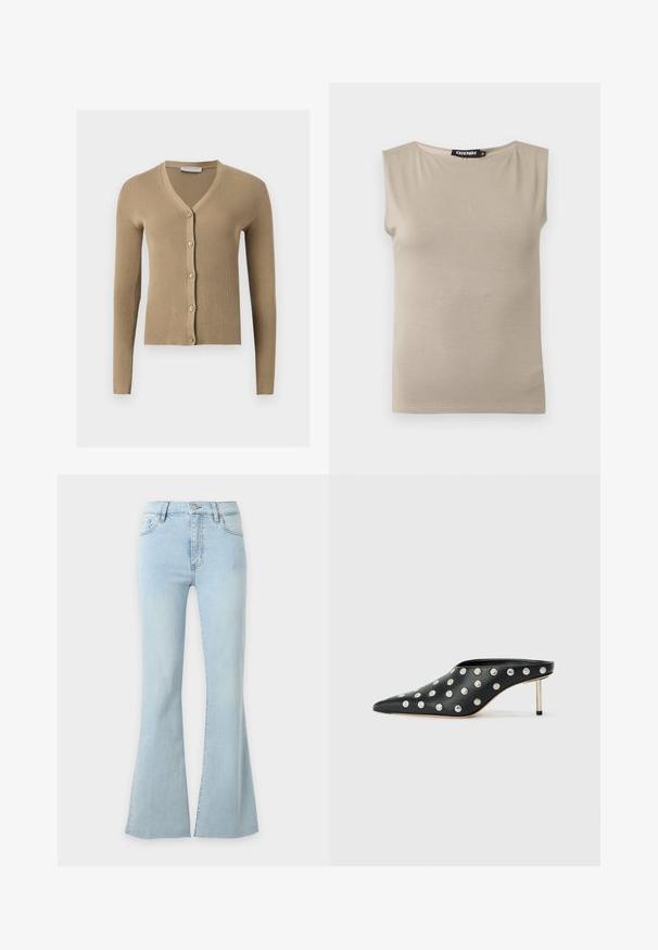 Cardigan beige en maille côtelée avec encolure en V, manches longues et cinq boutons à l'avant.; Haut beige en coton sans manches avec larges bretelles et col rond, taille moyenne, posé à plat sur fond blanc.; Jean en denim bleu clair taille haute avec jambes évasées, fermeture par bouton et fermeture éclair, poches avant et arrière.; STAND STUDIO KELSEY - Mules à talons - black