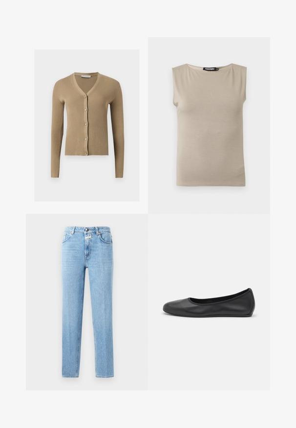 Cardigan beige en maille côtelée avec encolure en V, manches longues et cinq boutons à l'avant.; Haut beige en coton sans manches avec larges bretelles et col rond, taille moyenne, posé à plat sur fond blanc.; Jean en denim bleu clair avec une coupe droite, un design à cinq poches et un système de fermeture à bouton en métal. Tissu texturé avec un léger délavage.; Ballerines en cuir noir avec un bout rond, texture lisse, détails de couture minimalistes et design de semelle flexible.