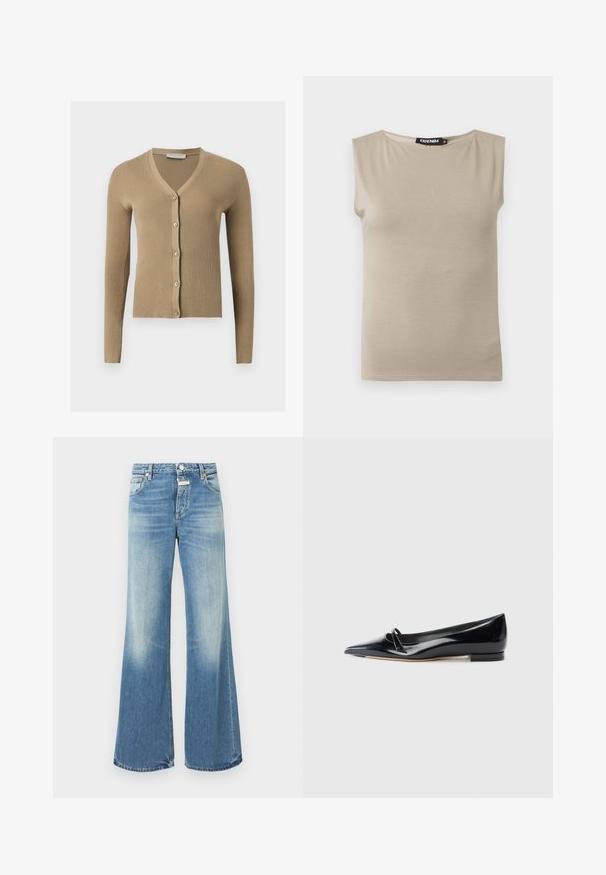 Cardigan beige en maille côtelée avec encolure en V, manches longues et cinq boutons à l'avant.; Haut beige en coton sans manches avec larges bretelles et col rond, taille moyenne, posé à plat sur fond blanc.; Jean large bleu clair en denim, présentant un lavage décoloré, un design traditionnel à cinq poches, et des coutures visibles le long des seams.; Chaussure plate en cuir verni noir avec un bout pointu, une petite lanière décorative et un petit talon carré. Texture lisse et design épuré.