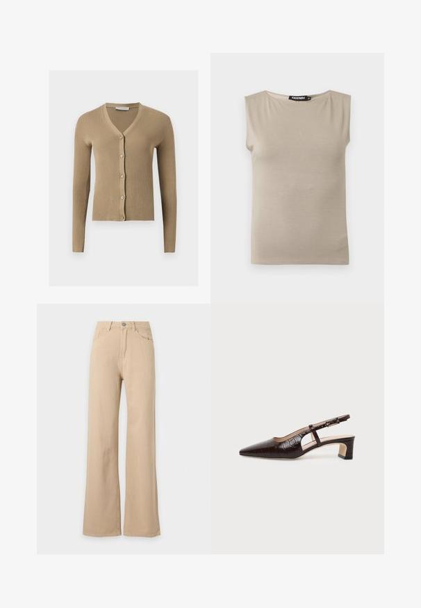 Cardigan beige en maille côtelée avec encolure en V, manches longues et cinq boutons à l'avant.; Haut beige en coton sans manches avec larges bretelles et col rond, taille moyenne, posé à plat sur fond blanc.; Pantalon beige taille haute, jambes larges, fermeture à boutons devant, poches avant et arrière, présenté sur fond blanc.; Chaussure slingback en cuir marron foncé à texture crocodile, bout pointu, talon bas bloc et bride ajustable avec boucle dorée.