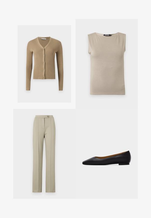Beige Rippenstrick-Cardigan mit V-Ausschnitt, langen Ärmeln und fünf vorderen Knöpfen.; Beiges ärmelloses Baumwolltop mit breiten Schulterträgern und rundem Ausschnitt, Größe M, flach auf weißem Hintergrund liegend.; Beige maßgeschneiderte Hose mit geradem Schnitt, ausgestattet mit einem Reißverschluss vorne, einem einzelnen Knopfverschluss und dezenten Bügelfalten entlang der Vorderbeine.; Schwarzer flacher Schuh aus Leder mit spitz zulaufender Vorderkappe, niedrigem Absatz und glatter Oberfläche, von der Seite vor einem hellgrauen Hintergrund dargestellt.