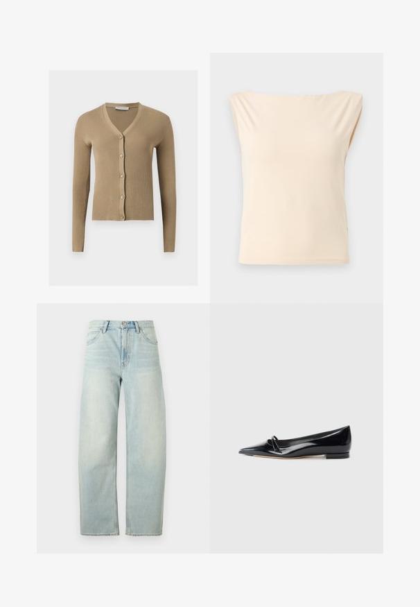 Cardigan beige en maille côtelée avec encolure en V, manches longues et cinq boutons à l'avant.; Blouse sans manches beige avec larges épaules et encolure bateau, présentée sur un fond gris clair uni.; Jean taille haute bleu clair, coupe droite, avec bouton à l'avant et poches, présenté sur un fond blanc uni.; Chaussure plate en cuir verni noir avec un bout pointu, une petite lanière décorative et un petit talon carré. Texture lisse et design épuré.