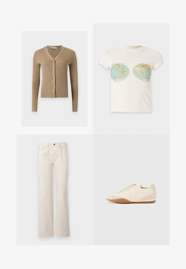 Beige ribstrikket cardigan med V-hals, lange ærmer og fem knapper foran.; Hvid t-shirt med korte ærmer med to vintage-inspirerede verdenskorttryk placeret på brystområdet.; Beige wide-leg jeans lavet af bomuld, med forlommer, lynlås og en subtil tekstureret finish. Klassisk design med en afslappet pasform.; Lyse beige sneakers med en tekstureret læderoverdel, teksturerede sider og en gummisål. Har et slankt, strømlinet design og flade snørebånd.