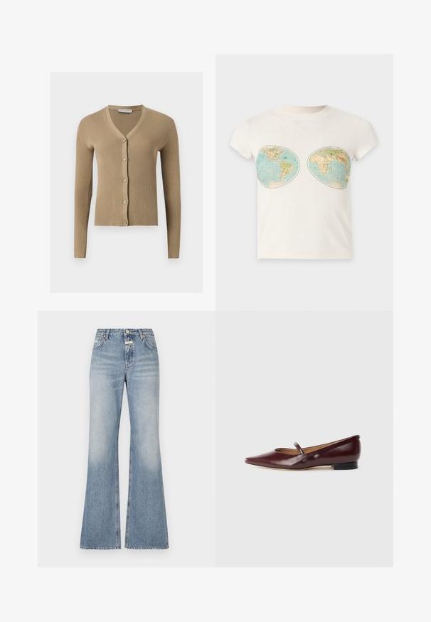 Beige Rippenstrick-Cardigan mit V-Ausschnitt, langen Ärmeln und fünf vorderen Knöpfen.; Weißes T-Shirt mit kurzen Ärmeln und zwei Vintage-Weltkarten-Prints im Brustbereich.; Hellblaue, ausgestellte Jeans aus Denim-Material mit hohen Taillen, leicht ausgewaschen an der Vorderseite und einem rohen Saum an den Beinen.; Burgunderfarbene Lackleder-Ballerina mit spitzer Zehe und einem dekorativen Riemen über dem Spann. Mit einem niedrigen schwarzen Absatz.