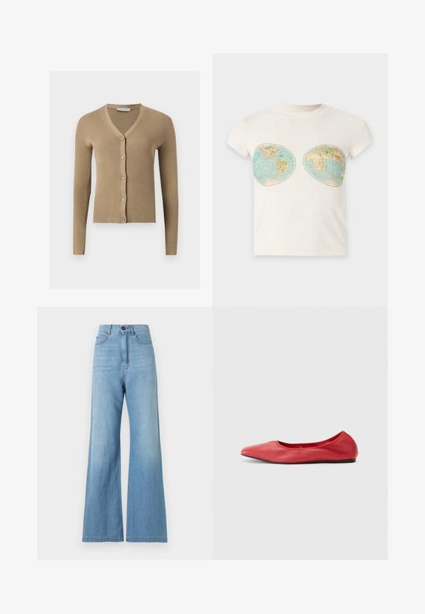 Beige ribbed knit cardigan with V-neck, long sleeves, and five front buttons.; White short-sleeve t-shirt with two vintage-style world map prints placed on the chest area.; Light blue high-waisted wide-leg jeans with front button and zipper closure, front and back pockets, and visible stitching.; Filippa K REY FLATS - Ballet pumps - bright red