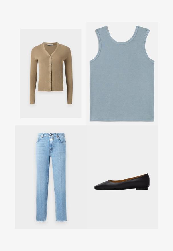 Beige ribstrikket cardigan med V-hals, lange ærmer og fem knapper foran.; Lys blå tanktop lavet af ribbet stof. Har en rund halsudskæring og brede ærmegab. Flade sømme ved kanterne og en lige afslutning.; Lysblå denim-jeans med lige ben, fem-lomme design og metalknaplukning. Struktureret stof med minimal falming.; Sort læder flad sko med spids tå, lav hæl og glat finish, vist fra siden på en lysegrå baggrund.