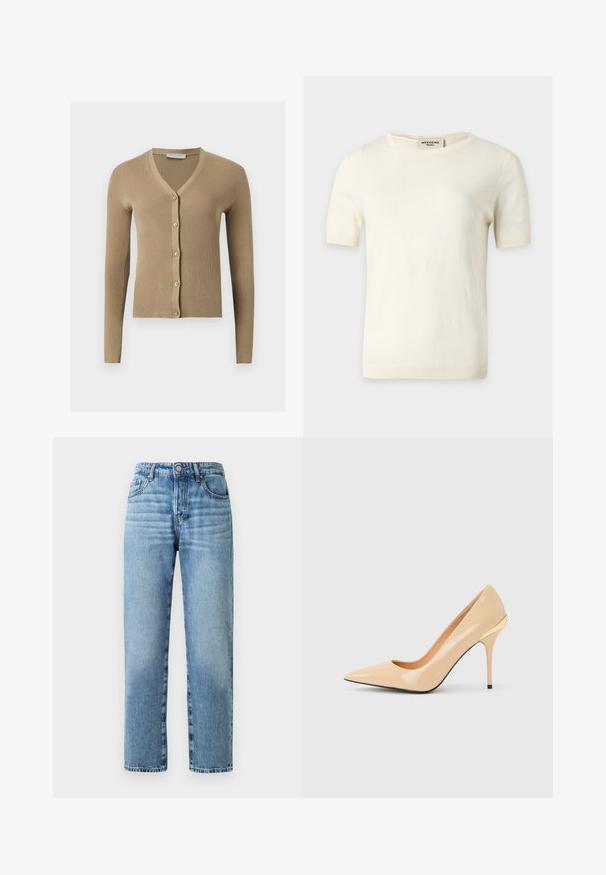 Cárdigan de punto beige acanalado con escote en V, mangas largas y cinco botones delanteros.; Camiseta de punto de color crema con mangas cortas, cuello redondo y bordes acanalados, etiquetada como "Weekend Max Mara" en la parte interior trasera del cuello.; Jeans de mezclilla azul claro con un diseño de pierna recta, costuras visibles, cierre de botón y estilo de cinco bolsillos.; Zapato de salón de charol beige con tacón alto, puntera puntiaguda y tacón de aguja delgado, con un pequeño detalle dorado en la parte trasera.