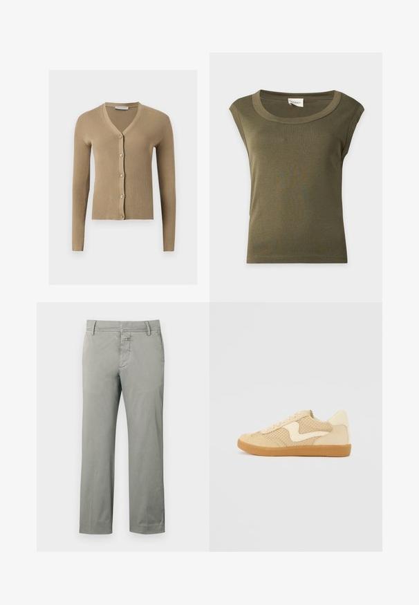 Cardigan beige en maille côtelée avec encolure en V, manches longues et cinq boutons à l'avant.; Haut en coton vert olive sans manches avec un large col rond et un ourlet cousu, présenté à plat sur un fond clair.; Chinos gris clair en coton, avec une coupe droite, des passants pour ceinture, des poches avant, et une braguette zippée avec fermeture par bouton.; Sneaker beige avec des matériaux en daim et en maille, forme arrondie, col rembourré proéminent et semelle en caoutchouc gomme. Présente un accent de design en forme de vague.