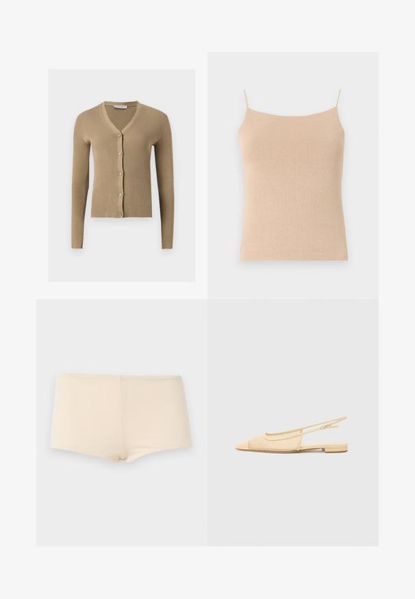 Cardigan beige en maille côtelée avec encolure en V, manches longues et cinq boutons à l'avant.; Camisole en tricot beige avec des bretelles fines, présentant une coupe ajustée et un tissu texturé, idéale pour le superposition ou un usage décontracté.; Sous-vêtement beige style boyshort sans couture avec une texture lisse, présenté à plat sur un fond gris clair.; Chaussure plate slingback en beige clair avec une tige en maille, un bout pointu et un petit talon. Dotée d'une sangle ajustable pour un bon maintien.