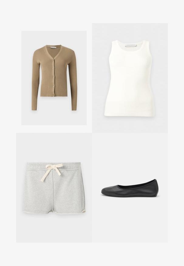 Cardigan beige en maille côtelée avec encolure en V, manches longues et cinq boutons à l'avant.; Débardeur blanc côtelé sans manches avec encolure ronde, coupe ajustée, et étiquette de la marque à l'intérieur du col arrière.; Shorts en coton gris avec une taille élastique et un cordon de serrage, présentant une texture lisse et un design simple. Les ourlets sont légèrement incurvés.; Ballerines en cuir noir avec un bout rond, texture lisse, détails de couture minimalistes et design de semelle flexible.