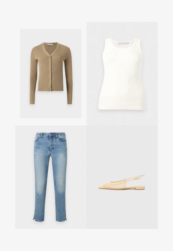 Cardigan beige en maille côtelée avec encolure en V, manches longues et cinq boutons à l'avant.; Débardeur blanc côtelé sans manches avec encolure ronde, coupe ajustée, et étiquette de la marque à l'intérieur du col arrière.; Jean en denim bleu clair délavé avec bouton à l'avant, poches et fentes aux chevilles des deux côtés, présenté sur fond blanc.; Chaussure plate slingback en beige clair avec une tige en maille, un bout pointu et un petit talon. Dotée d'une sangle ajustable pour un bon maintien.