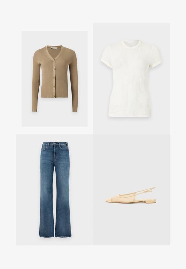 Beige ribstrikket cardigan med V-hals, lange ærmer og fem knapper foran.; Hvid ribstrikket t-shirt med korte ærmer, rund halsudskæring og let puffede ærmer.; Blå denimjeans med bred benklip, knap- og lynlåslukning samt for- og baglommer, præsenteret på en simpel hvid baggrund.; Slingback fladsko i lys beige med en mesh-overdel, spids tå og en lav hæl. Har en justerbar strop for bedre pasform.