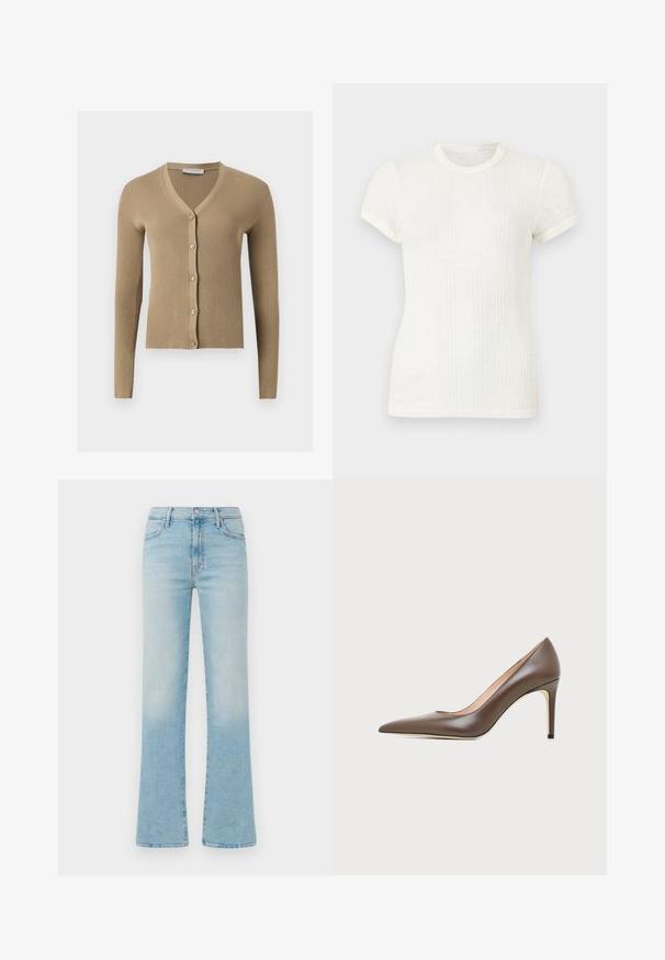 Beige ribstrikket cardigan med V-hals, lange ærmer og fem knapper foran.; Hvid ribstrikket t-shirt med korte ærmer, rund halsudskæring og let puffede ærmer.; Lyseblå, flagrende jeans lavet af denim, med høj talje, fem lomme-design og en bleget finish for en vintage effekt.; Brun læder peptået højhælet sko med en slank stilethæl og glat finish på en lys baggrund.