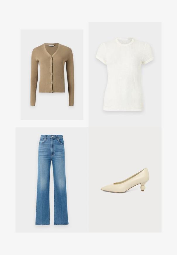 Beige Rippenstrick-Cardigan mit V-Ausschnitt, langen Ärmeln und fünf vorderen Knöpfen.; Weißes, kurzärmeliges, geripptes Strick-T-Shirt mit rundem Ausschnitt und leicht aufgepufften Ärmeln.; Helle blaue, weit geschnittene Jeans aus Denim mit hoher Taille. Verfügt über einen Knopf- und Reißverschluss sowie leichtes Ausbleichen des Stoffes.; Damenpumps in cremefarben mit spitz zulaufender Schuhspitze und niedrigem, kugelförmigem Absatz vor einfarbigem Hintergrund.
