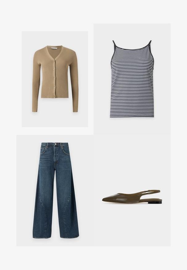 Cardigan beige en maille côtelée avec encolure en V, manches longues et cinq boutons à l'avant.; Haut sans manches rayé horizontal noir et blanc avec fines bretelles noires et encolure arrondie sur un fond uni.; Jean denim bleu foncé à jambes larges avec poches avant, passants pour ceinture et fermeture à bouton à la taille, présenté sur un fond uni.; Chaussure plate à bout pointu vert olive avec bride arrière, talon noir bas et finition lisse et brillante.