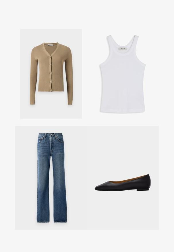 Cardigan beige en maille côtelée avec encolure en V, manches longues et cinq boutons à l'avant.; Débardeur blanc en tissu lisse, avec un col rond et des bretelles larges, comportant une étiquette à l'intérieur indiquant "IVY OAK".; Jean en denim bleu avec une coupe droite, comportant cinq poches, un bouton de fermeture et des effets de décoloration légers avec un léger frottement.; Chaussure plate en cuir noir à bout pointu avec talon bas et finition lisse, vue de côté sur un fond gris clair.