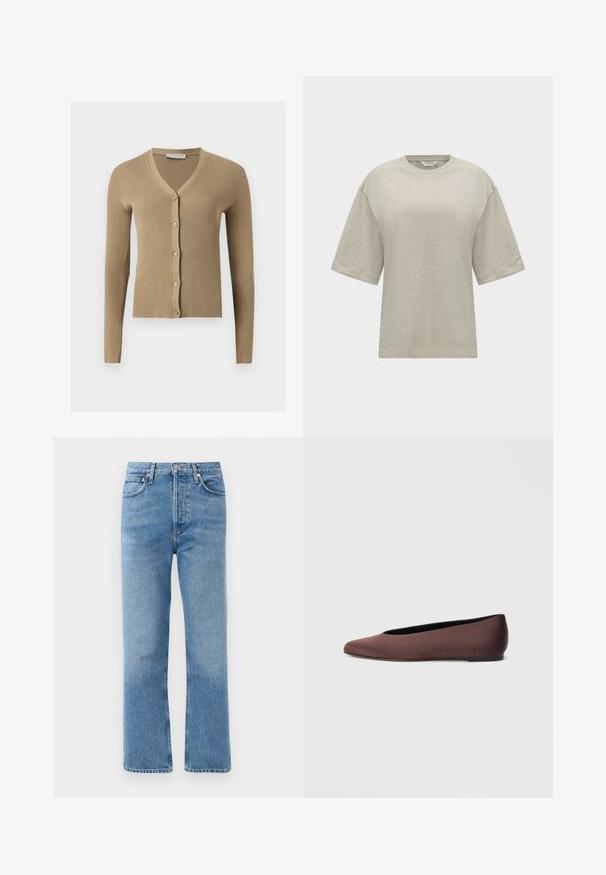 Beige Rippenstrick-Cardigan mit V-Ausschnitt, langen Ärmeln und fünf vorderen Knöpfen.; Schlichtes hellbeiges oversized Kurzarm-T-Shirt mit rundem Ausschnitt, präsentiert vor weißem Hintergrund.; Hellblaue Denim-Jeans mit geradem Bein, hoher Taille, fünf Taschen und Kupferhardware. Glatte Textur mit verwaschenem Finish.; Braune Ballettschuhe aus Stoff mit spitz zulaufender Spitze und glatter Textur, ausgestattet mit einem niedrigen Rückenteil und einer dünnen schwarzen Sohle. Keine sichtbaren Muster oder Verzierungen.