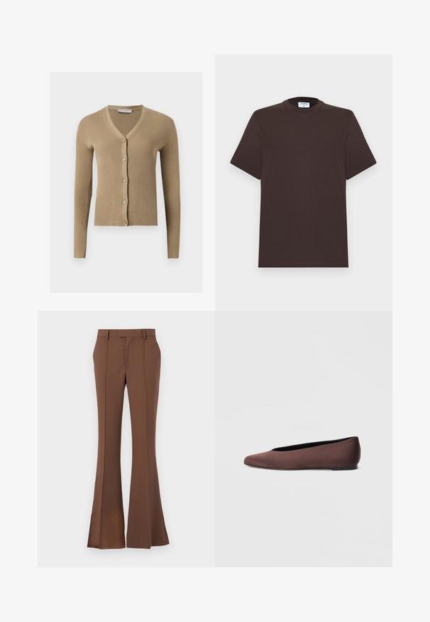 Beige geribbelde gebreide cardigan met V-hals, lange mouwen en vijf knopen aan de voorkant.; Donkerbruine T-shirt met korte mouwen en ronde hals met zichtbaar label in de kraag met het merknaam "Filippa K" tegen een effen achtergrond.; Bruine uitlopende broek van gladde stof, met een platte voorkant, riemlussen en een op maat gemaakte pasvorm met subtiele plooi-details.; Bruine stoffen balletschoenen met een puntige neus en een gladde textuur, voorzien van een lage achterkant en een dunne zwarte zool. Geen zichtbare patronen of metalen onderdelen.