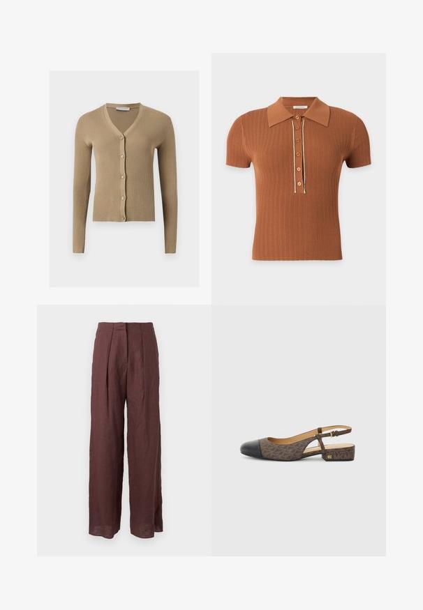 Beige ribstrikket cardigan med V-hals, lange ærmer og fem knapper foran.; Brun kortærmet ribstrikket polo med krave og seks forreste knapper, der er markeret med en tynd hvid kant.; Mørkebrune bukser med høj talje, brede ben, forreste plisseringer og struktureret talje, lavet af letvægtsstof.; Slingback-sko med en brunt mønstret stofoverdel og en sort læder tåkap. Har en lille blokhæl og en spænde rem.