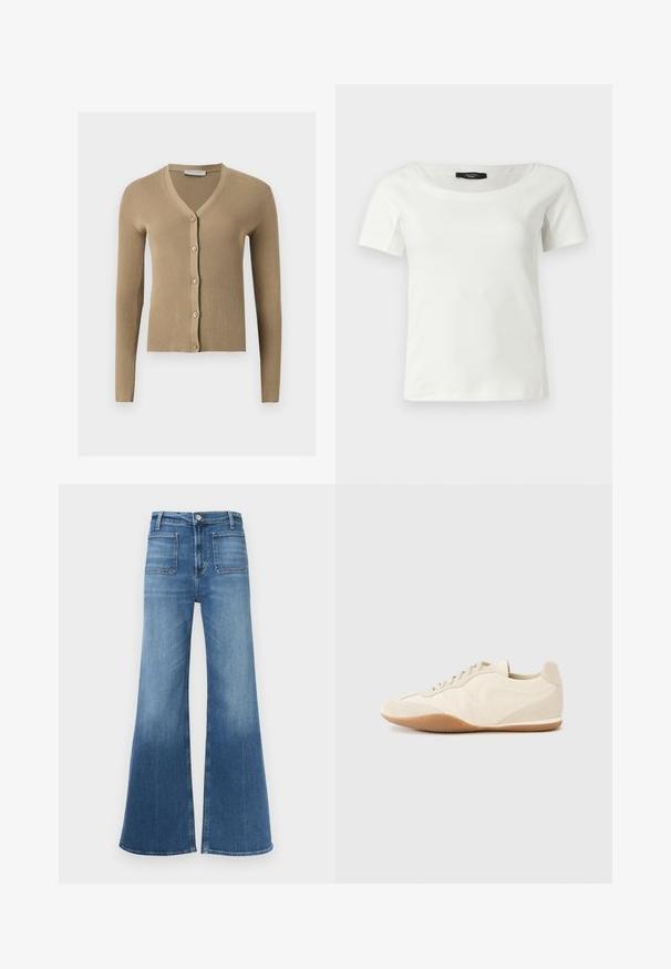 Beige geribbelde gebreide cardigan met V-hals, lange mouwen en vijf knopen aan de voorkant.; Witte katoenen dames top met korte mouwen en een brede ronde halslijn op een effen lichte achtergrond.; Flared blauwe denim jeans met een middenhoogte taille, vijf zakken en een vervaagde was. Voorzien van riemlussen en een enkele knoopsluiting.; Lichtbeige sneakers met een textuur van leer op het bovenwerk, getextureerde zijpanelen en een rubberen zool. Voorzien van een slank, gestroomlijnd ontwerp en platte veters.