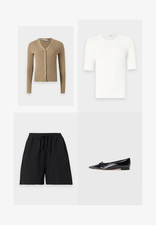 Cardigan beige en maille côtelée avec encolure en V, manches longues et cinq boutons à l'avant.; T-shirt blanc côtelé à manches courtes avec col rond, présenté sur un fond gris clair.; Short noir décontracté avec ceinture élastique et cordon à l'avant, avec poches latérales et coupe ample.; Chaussure plate en cuir verni noir avec un bout pointu, une petite lanière décorative et un petit talon carré. Texture lisse et design épuré.
