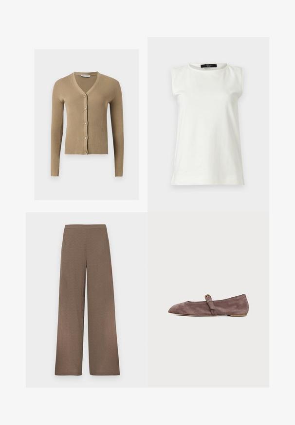 Cardigan beige en maille côtelée avec encolure en V, manches longues et cinq boutons à l'avant.; Haut blanc sans manches avec épaules rembourrées et encolure ronde, présenté à plat sur un fond clair.; Pantalon marron à jambes larges avec ceinture plate, sans poches ni fermetures visibles, présenté sur un fond blanc.; Chaussure plate Mary Jane en daim marron avec un bout pointu et une petite bride à boucle dorée sur fond blanc.