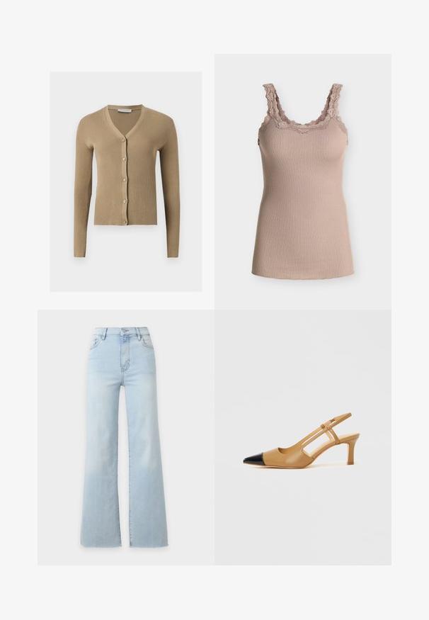 Cardigan beige en maille côtelée avec encolure en V, manches longues et cinq boutons à l'avant.; Débardeur côtelé beige avec bordure en dentelle le long du col et des bretelles, sans manches et coupe ajustée sur fond uni.; Jean en denim bleu clair taille haute avec jambes larges, fermeture à boutons et zip à l’avant, et poches avant, présenté sur un fond uni.; Escarpins slingback couleur fauve avec embout pointu noir, côtés découpés et talon bloc de hauteur moyenne. Matière en cuir lisse.