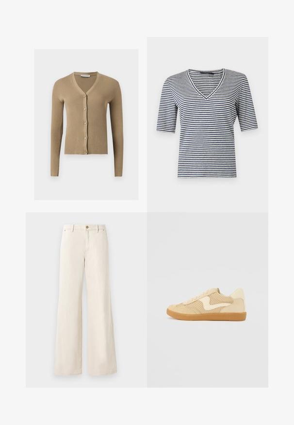 Beige geribbelde gebreide cardigan met V-hals, lange mouwen en vijf knopen aan de voorkant.; T-shirt met korte mouwen en V-hals met navy en witte horizontale strepen, plat liggend op een effen lichte achtergrond.; Beige wijde broek van katoen met een gladde textuur. Heeft een knoopsluiting, voorzakken en een klassiek taillebandontwerp.; Beige sneaker van suede en mesh materialen, ronde vorm, opvallende gepolsterde kraag en een gumrubberen zool. Kenmerkt zich door een golvend ontwerp accent.