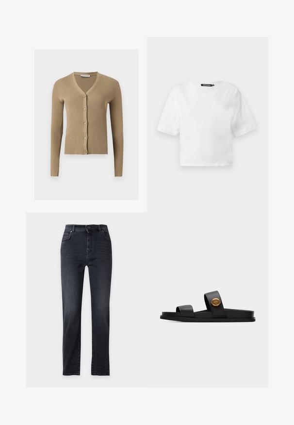 Beige ribbed knit cardigan with V-neck, long sleeves, and five front buttons.; White short-sleeve cropped T-shirt with crew neck and black brand label inside collar, displayed on plain light background.; Dark gray straight-leg jeans with front button and zip closure, front and back pockets, displayed on a plain light background.; Black slide sandal with two wide straps, one featuring a round gold emblem, flat sole, isolated on light gray background.