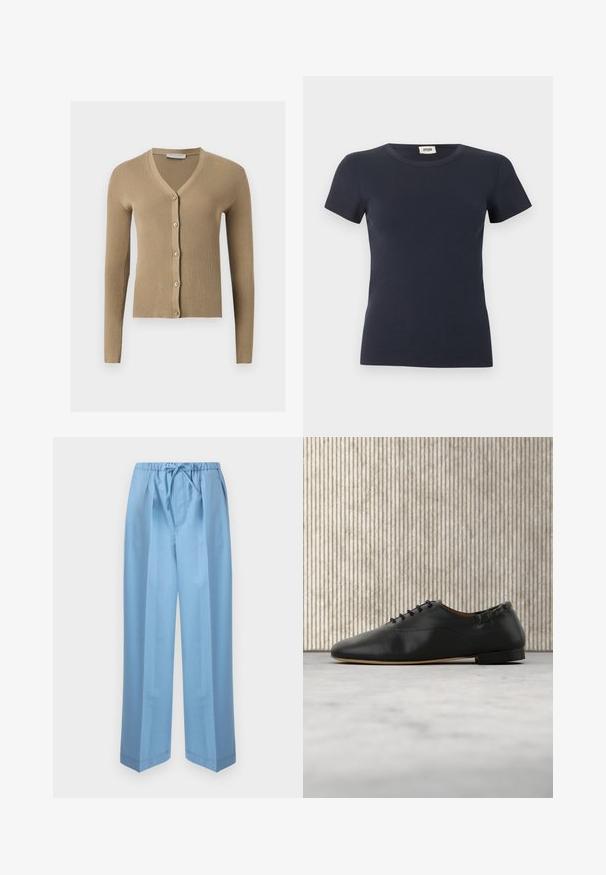 Cardigan beige en maille côtelée avec encolure en V, manches longues et cinq boutons à l'avant.; T-shirt bleu marine à manches courtes en maille côtelée avec col rond et étiquette Drykorn à l'intérieur du col arrière.; Pantalon ample bleu clair avec taille élastique et cordon de serrage, plis à l'avant et poches latérales, présenté sur un fond uni.; Chaussure plate en cuir noir à lacets, bout arrondi et petit talon, vue de profil droit sur un fond clair.
