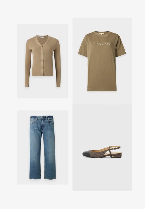 Beige geribbelde gebreide cardigan met V-hals, lange mouwen en vijf knopen aan de voorkant.; Korte mouw T-shirt in olijfgroen met kleine verspreide studs en het "MICHAEL KORS"-logo gedrukt in metallic letters op de borst.; Blauwe recht gesneden spijkerbroek met knoopsluiting, voorzakken en riemlussen op een witte achtergrond.; Slingback schoen met een bruine gestreepte stoffen bovenkant en een zwarte leren neus. Heeft een kleine blokhak en een gespstrap.