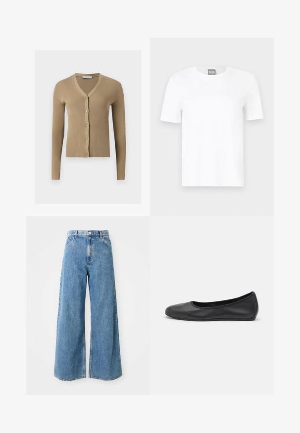 Beige geribbelde gebreide cardigan met V-hals, lange mouwen en vijf knopen aan de voorkant.; Effen witte T-shirt met korte mouwen en ronde hals, getoond tegen een neutrale achtergrond, met een klein grijs label met "MM" bij de kraag.; Hoge taille lichtblauwe wijde spijkerbroek met knoop aan de voorkant, ritsluiting en voorzakken op een witte achtergrond.; Zwarte leren ballerina met een ronde neus, gladde textuur, minimale stikdetails en een flexibele zoolontwerp.