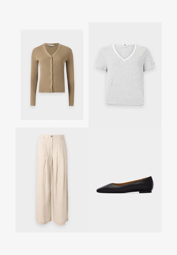 Cardigan beige en maille côtelée avec encolure en V, manches longues et cinq boutons à l'avant.; T-shirt blanc à manches courtes et col en V avec de fines rayures horizontales noires sur le tissu.; Pantalon beige taille haute à jambes larges avec des plis à l'avant, passants pour ceinture et fermeture par bouton.; Chaussure plate en cuir noir à bout pointu avec talon bas et finition lisse, vue de côté sur un fond gris clair.