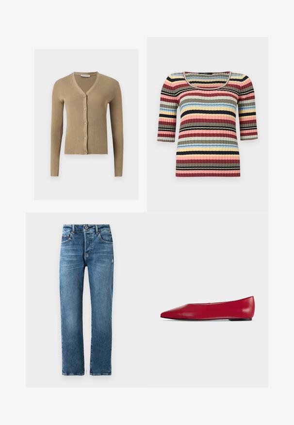 Beige geribbelde gebreide cardigan met V-hals, lange mouwen en vijf knopen aan de voorkant.; Getopte geribbelde gebreide top met ellebooglange mouwen, ronde halslijn en horizontale strepen in marineblauw, roze, geel, blauw en beige.; Heren blauwe spijkerbroek met een recht model, vijf zakken en een knoopsluiting. Kenmerkt zich door lichte vervaging en gestikte details.; Rode leren platte schoen met puntige neus, zwarte zool en lage hak, zijaanzicht op een effen lichte achtergrond.