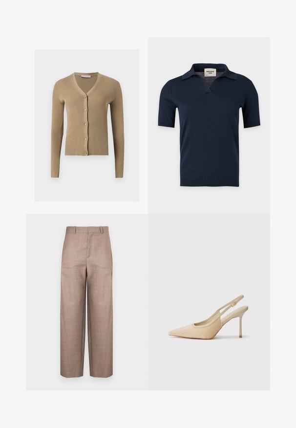 Cardigan beige en maille côtelée avec encolure en V, manches longues et cinq boutons à l'avant.; Chemise en maille bleu marine à manches courtes avec un petit col ouvert et un col en V, présentée sur un fond gris clair uni.; Pantalon marron texturé avec une coupe droite, taille mi-haute et sans quincaillerie ni poches visibles.; Escarpins slingback beiges à bout pointu, fabriqués dans un matériau texturé, avec un talon fin et une sangle ajustable.
