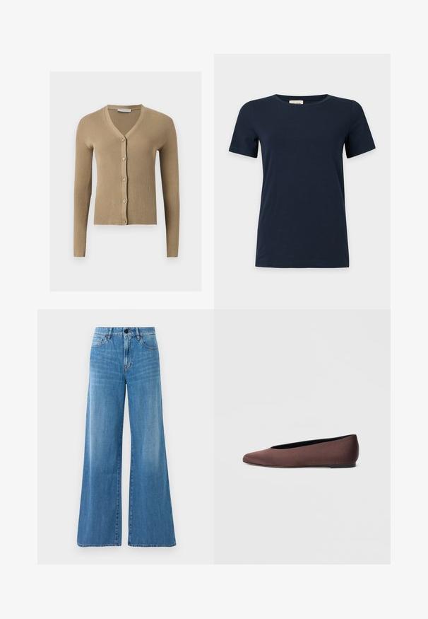 Cardigan beige en maille côtelée avec encolure en V, manches longues et cinq boutons à l'avant.; T-shirt bleu marine uni à manches courtes avec un col rond sur fond gris clair.; Jeans en denim bleu taille haute avec une coupe large, fermeture à bouton à l'avant, fermeture éclair et poches avant et arrière.; Ballerines en tissu marron avec un bout pointu et une texture lisse, dotées d'un talon bas et d'une fine semelle noire. Aucune motif ni élément métallique visible.