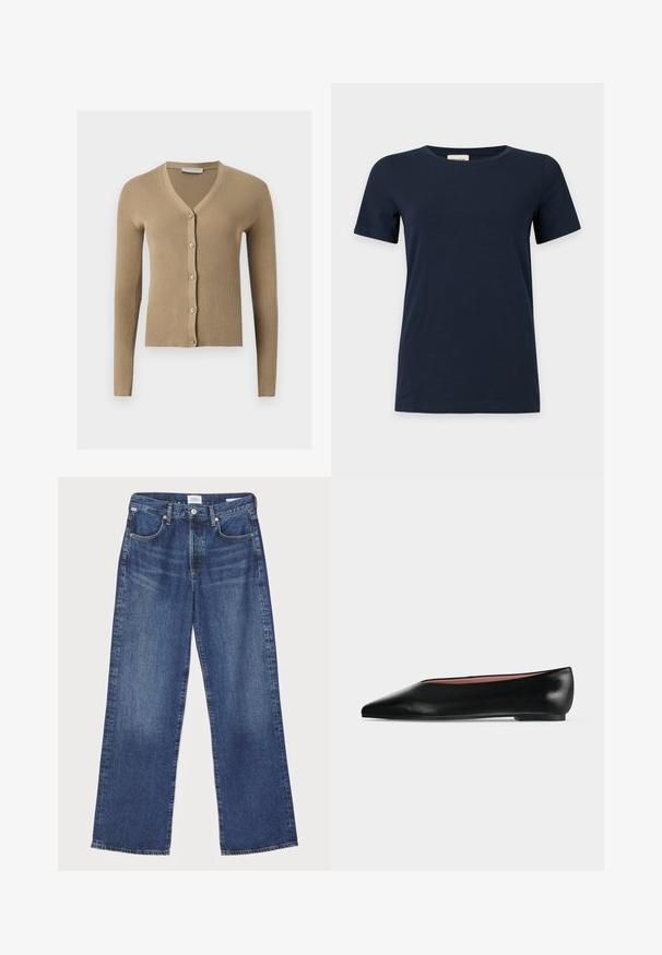 Beige ribstrikket cardigan med V-hals, lange ærmer og fem knapper foran.; Enkel mørkeblå T-shirt med korte ærmer og rund halsudskæring på en lys grå baggrund.; Citizens of Humanity ANNINA - Jeans Straight Leg - westwood dark indigo; Sort damesko i læder med flad hæl og spids tå, vist fra siden på en ensfarvet lys grå baggrund.