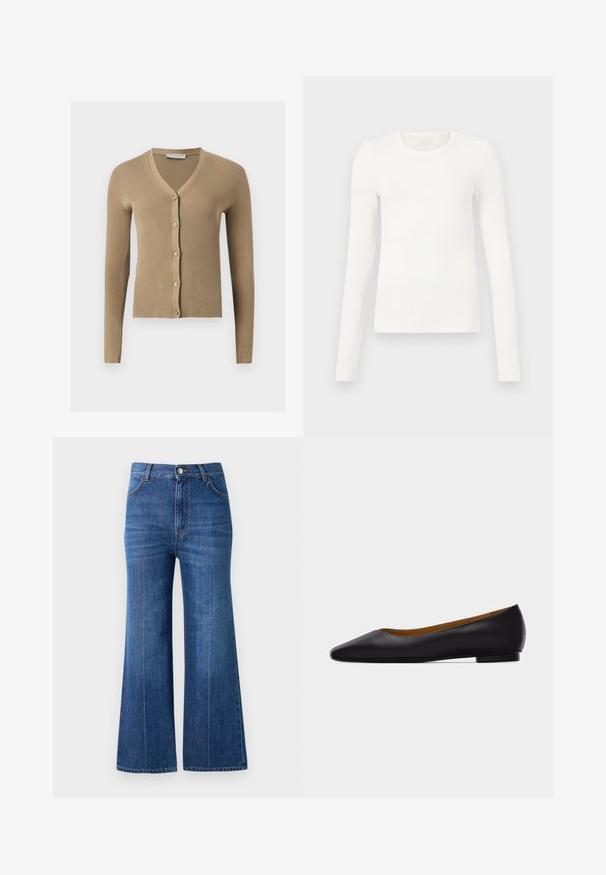 Beige ribstrikket cardigan med V-hals, lange ærmer og fem knapper foran.; Hvid langærmet ribbet top med rund halsudskæring, der har en tætsiddende pasform og glat tekstur, velegnet til lag-på-lag eller afslappet brug.; Bredde ben jeans i mørkeblå denim, med høj talje, diskret slidte detaljer og klassisk fem-lomme-design. Syet med kontrasttråd.; Sort læder flad sko med spids tå, lav hæl og glat finish, vist fra siden på en lysegrå baggrund.