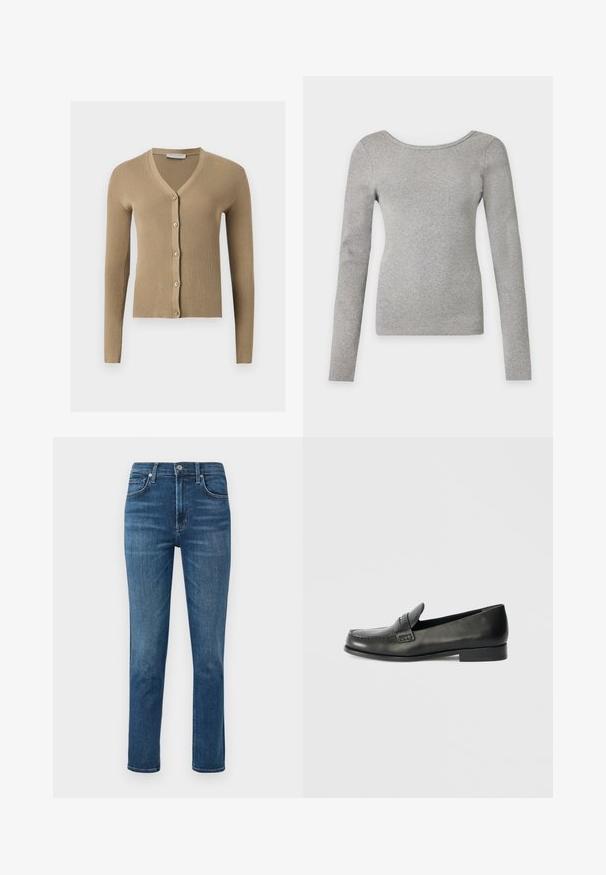 Beige Rippenstrick-Cardigan mit V-Ausschnitt, langen Ärmeln und fünf vorderen Knöpfen.; Langärmeliger Rundhals-Rippstrickpullover in Hellgrau mit figurbetonter Silhouette und nahtlosen Schultern.; Dunkelblaue Denim-Jeans mit geradem Bein, fünf Taschen-Design und einem Metallknopf an der Taille. Dezente Ausbleichungen und Nähedetails.; Schwarze Leder-Slipper mit abgerundeter Spitze, erhöhten Nähdetails und einem niedrigen, gestapelten Absatz. Glatte Textur mit einem dezenten Glanz.