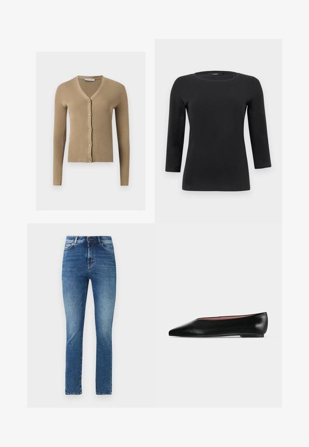 Cardigan beige en maille côtelée avec encolure en V, manches longues et cinq boutons à l'avant.; Chemise noire à manches longues avec col rond, silhouette ajustée et texture de tissu lisse et unie.; Jean bleu taille haute à coupe slim avec poches avant, passants pour ceinture, fermeture par bouton, et légère décoloration sur les cuisses et les genoux.; Chaussure plate en cuir noir pour femme, avec bout pointu et petit talon, vue de côté sur un fond gris clair uni.