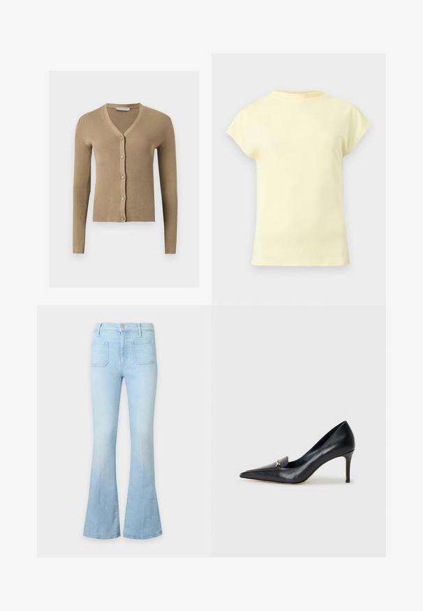 Beige geribbelde gebreide cardigan met V-hals, lange mouwen en vijf knopen aan de voorkant.; Lichtgeel, kortärmelig T-shirt met een ronde halslijn, weergegeven op een neutrale lichtgrijze achtergrond.; Lichtblauwe spijkerbroek met een hoge taille, opgezette voorzakken en wijde pijpen op een neutrale achtergrond.; Zwarte leren pump met een spitse neus, lage vamp en een decoratieve gouden accent. Voorzien van een stilettohak en een gladde textuur.
