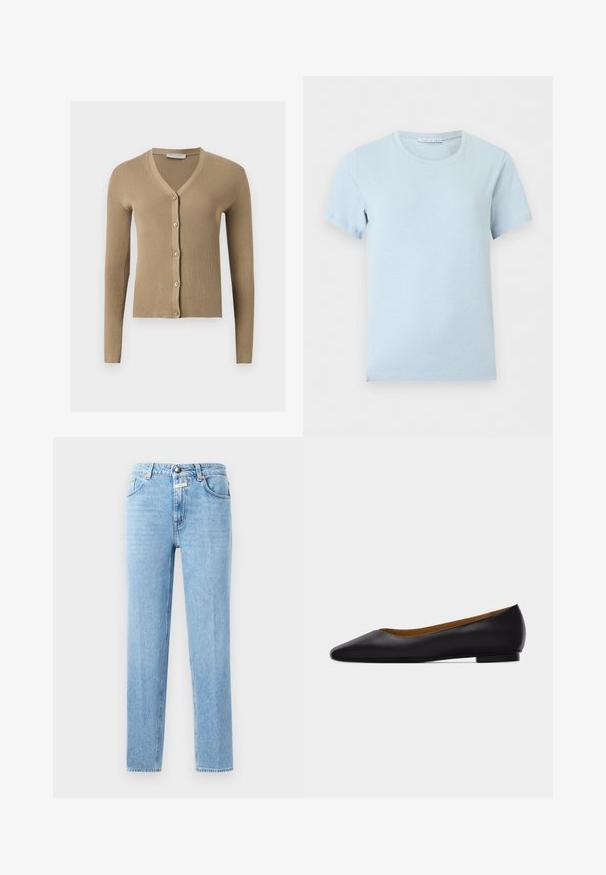 Cardigan beige en maille côtelée avec encolure en V, manches longues et cinq boutons à l'avant.; T-shirt bleu clair manches courtes à col rond avec une étiquette de marque visible à l'intérieur du col sur fond uni.; Jean en denim bleu clair avec une coupe droite, un design à cinq poches et un système de fermeture à bouton en métal. Tissu texturé avec un léger délavage.; Chaussure plate en cuir noir à bout pointu avec talon bas et finition lisse, vue de côté sur un fond gris clair.